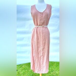 Flax Lagenlook Button-Front Sundress Large Orange Peach Check 100% Linen Maxi